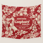 Club Surfing Longboard Surf Logo and Hibiscus Hawaiian Print      Wall Tapestry Gallery Image 4