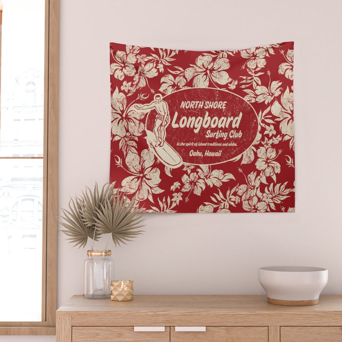 Club Surfing Longboard Surf Logo and Hibiscus Hawaiian Print      Wall Tapestry Gallery Image 2