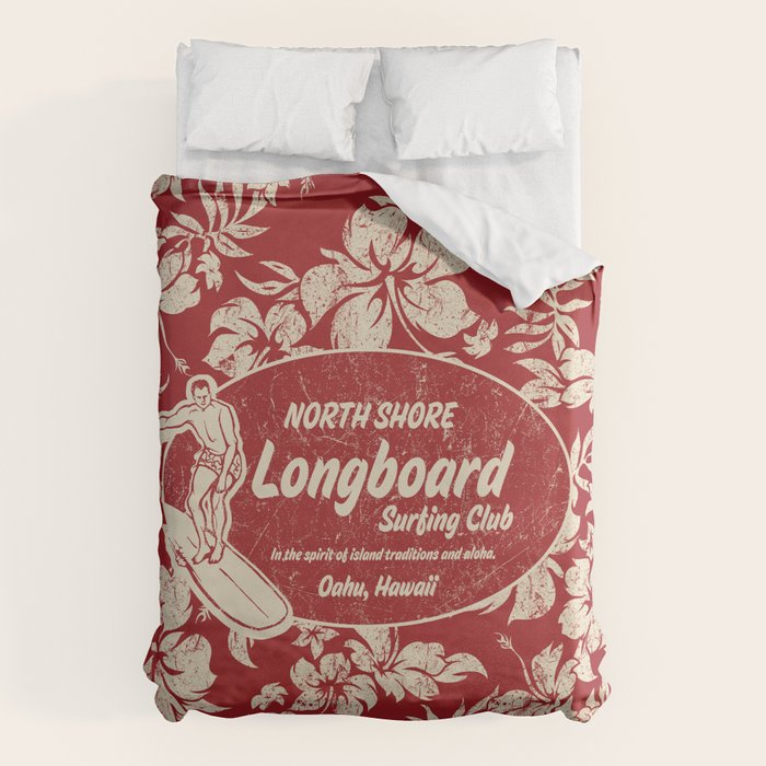 Club Surfing Longboard Surf Logo and Hibiscus Hawaiian Print      Duvet Cover Gallery Image 6