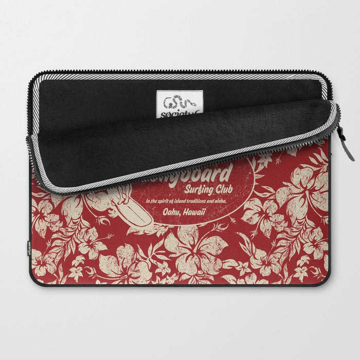 Club Surfing Longboard Surf Logo and Hibiscus Hawaiian Print      Laptop Sleeve Gallery Image 2