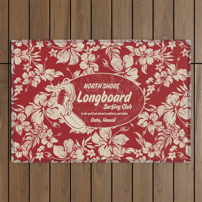 Club Surfing Longboard Surf Logo and Hibiscus Hawaiian Print      Outdoor Rug Gallery Image 1