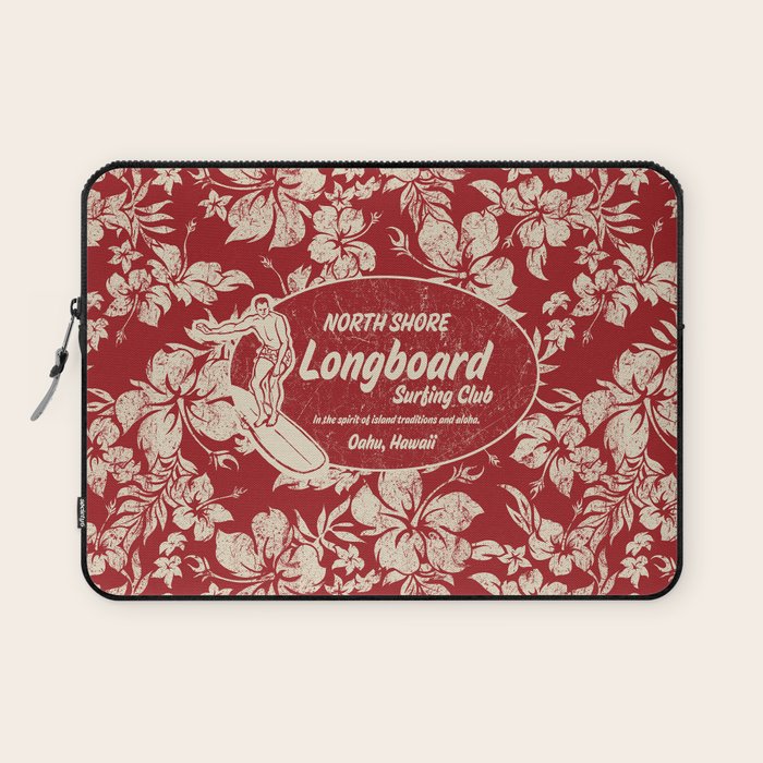 Club Surfing Longboard Surf Logo and Hibiscus Hawaiian Print      Laptop Sleeve Gallery Image 1