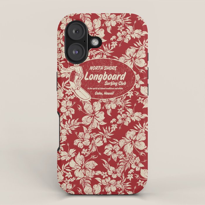 Club Surfing Longboard Surf Logo and Hibiscus Hawaiian Print      iPhone Case Gallery Image 1