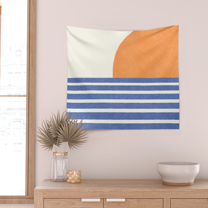 Beach Horizon Lines orange blue Wall Tapestry Gallery Image 2