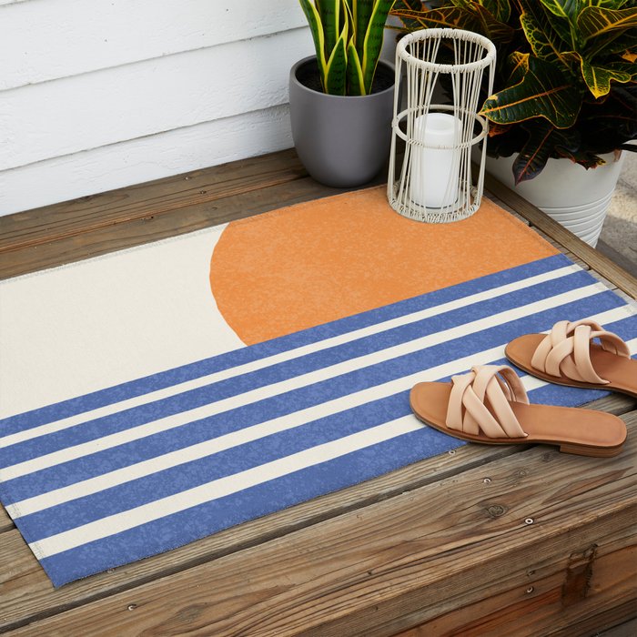 Beach Horizon Lines orange blue Outdoor Rug Gallery Image 2