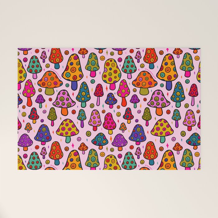 Smiley Mushrooms Print in Pink Welcome Mat Gallery Image 1