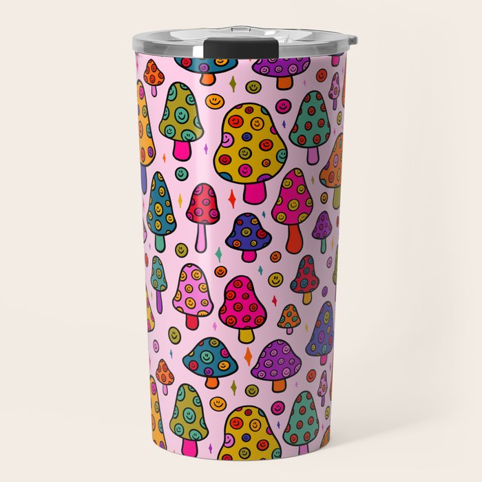 Smiley Mushrooms Print in Pink Travel Mug Gallery Image 1
