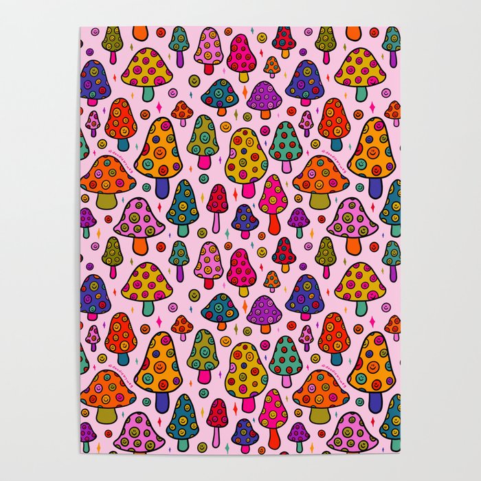 Smiley Mushrooms Print in Pink Poster Gallery Image 4