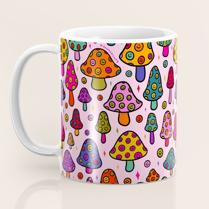 Smiley Mushrooms Print in Pink Coffee Mug Gallery Image 3