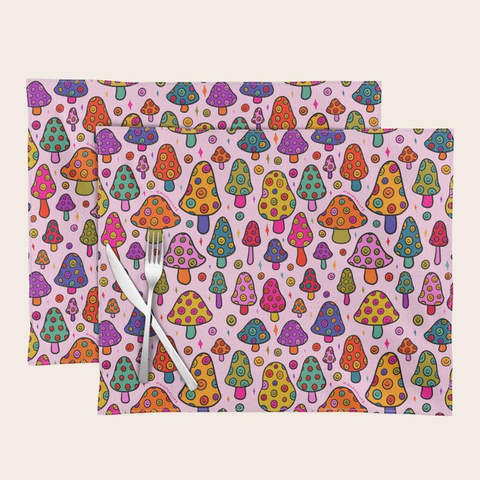 Smiley Mushrooms Print in Pink Placemat Gallery Image 1