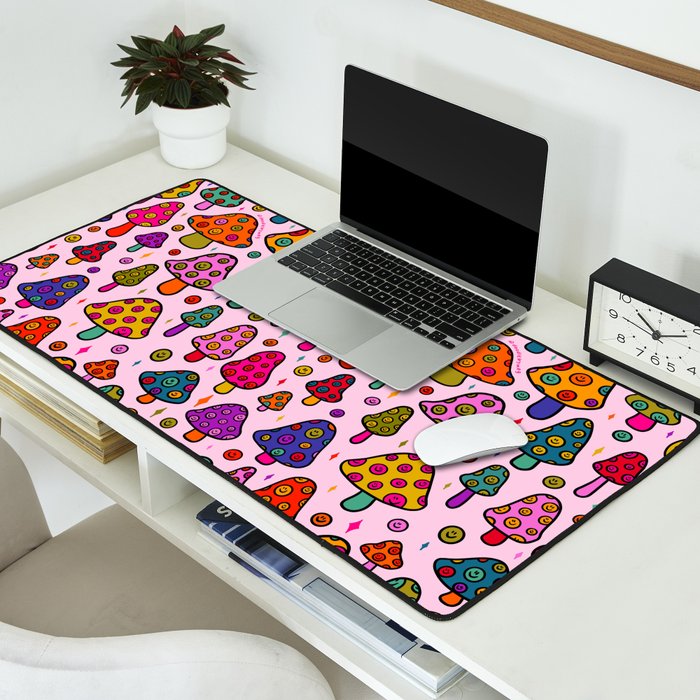 Smiley Mushrooms Print in Pink Desk Mat Gallery Image 2