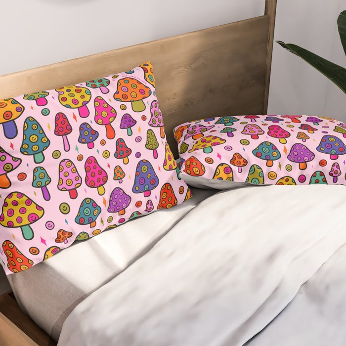 Smiley Mushrooms Print in Pink Pillow Sham Gallery Image 2