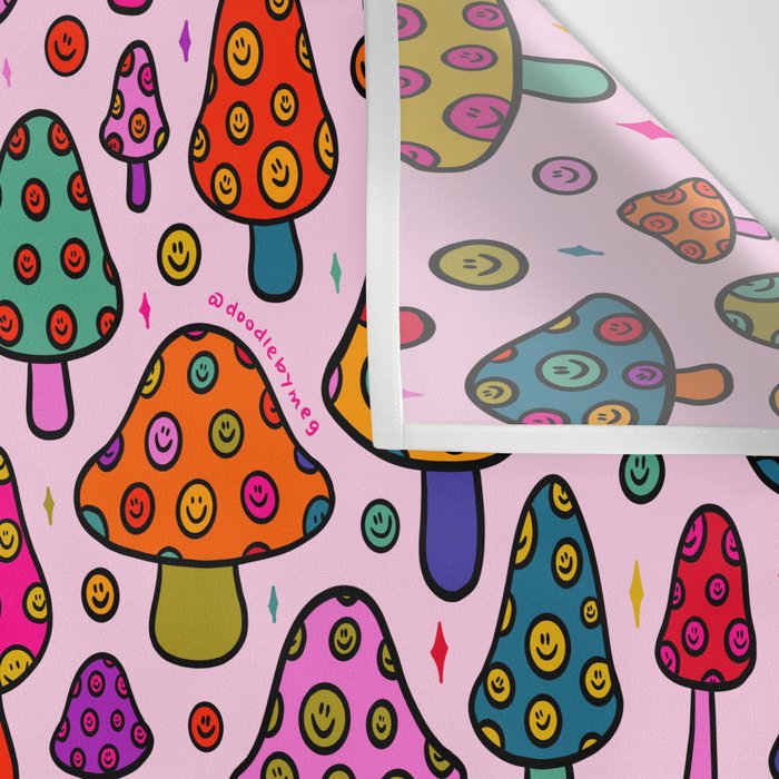 Smiley Mushrooms Print in Pink Wall Tapestry Gallery Image 3