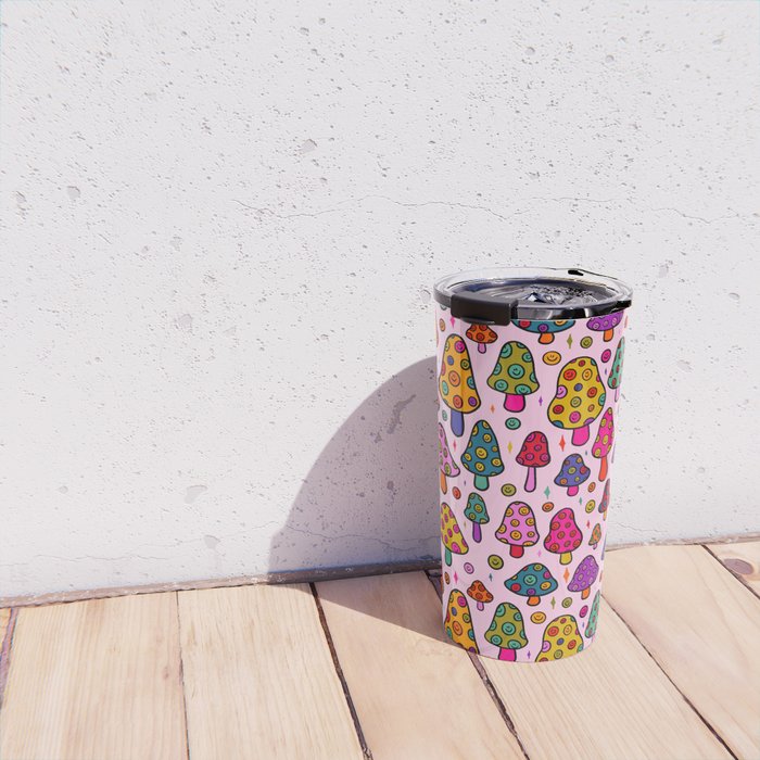 Smiley Mushrooms Print in Pink Travel Mug Gallery Image 4