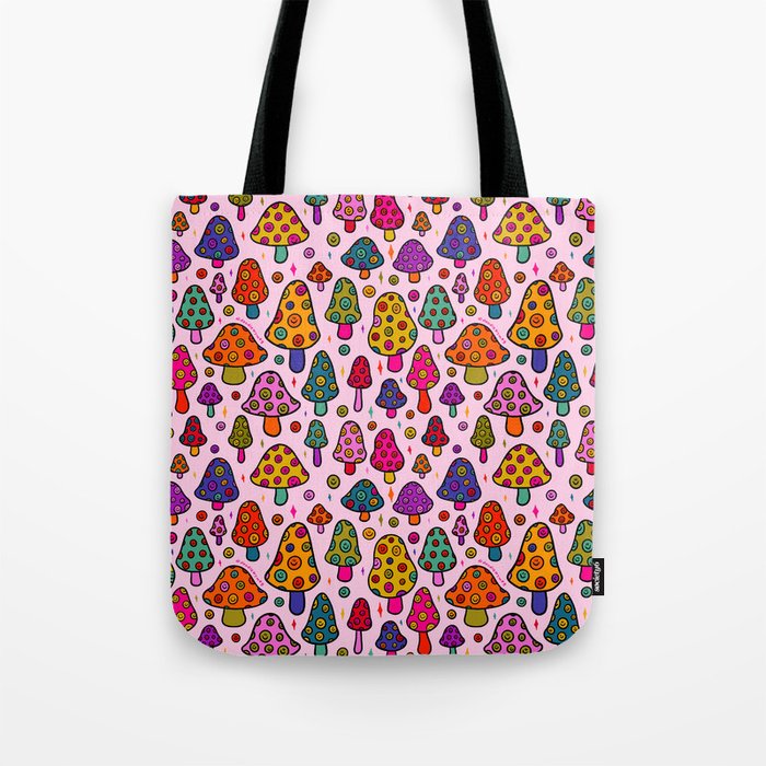 Smiley Mushrooms Print in Pink Tote Bag Gallery Image 1
