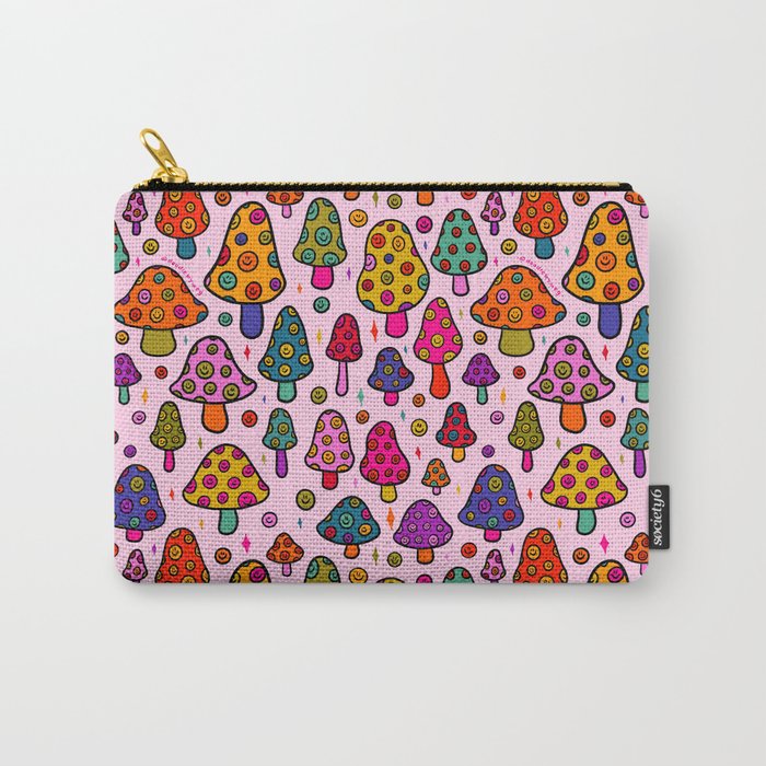 Smiley Mushrooms Print in Pink Carry All Pouch Gallery Image 1