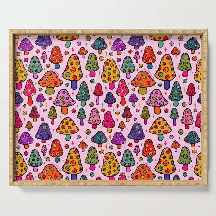 Smiley Mushrooms Print in Pink Serving Tray Gallery Image 1