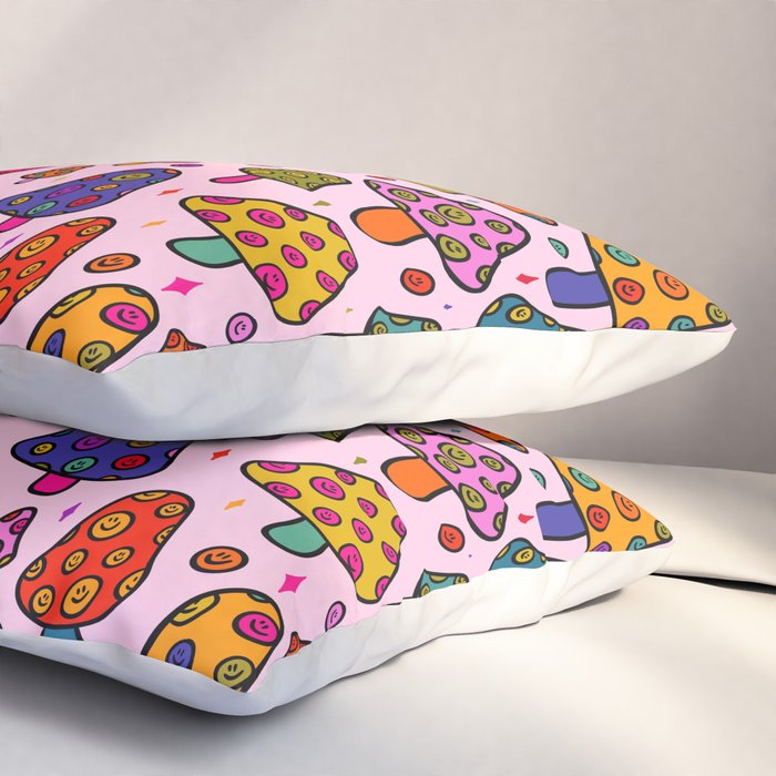 Smiley Mushrooms Print in Pink Pillow Sham Gallery Image 3