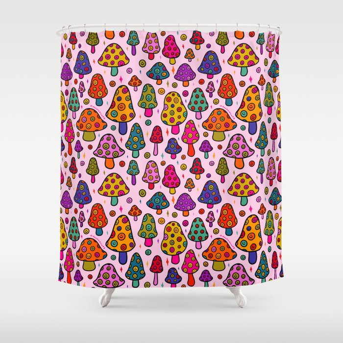Smiley Mushrooms Print in Pink Shower Curtain Gallery Image 1