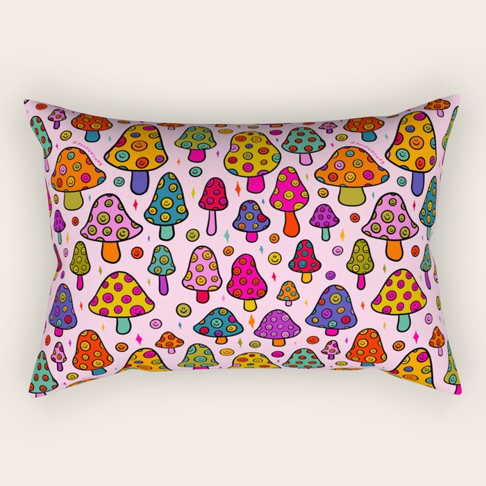 Smiley Mushrooms Print in Pink Rectangular Pillow Gallery Image 1