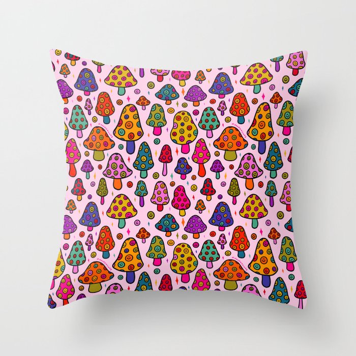 Smiley Mushrooms Print in Pink Throw Pillow Gallery Image 6