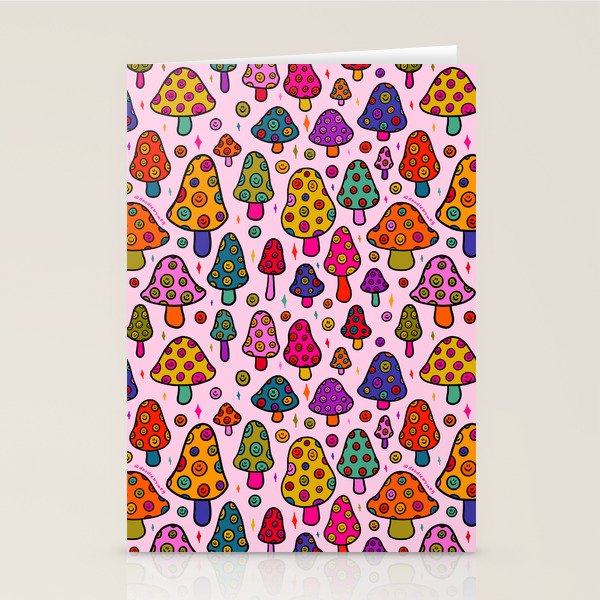 Smiley Mushrooms Print in Pink Stationery Card Gallery Image 2