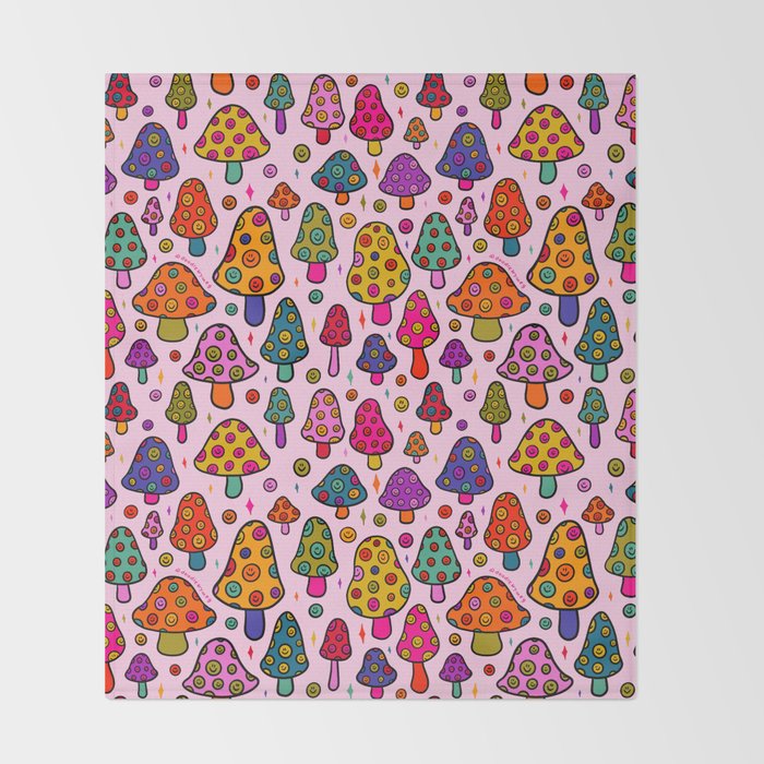 Smiley Mushrooms Print in Pink Throw Blanket Gallery Image 2