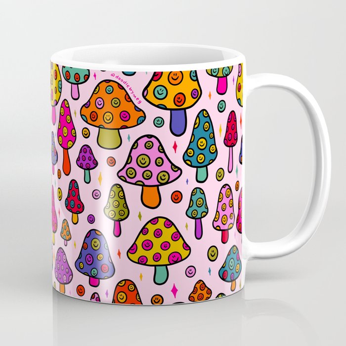 Smiley Mushrooms Print in Pink Coffee Mug Gallery Image 1