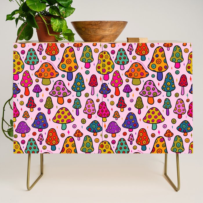 Smiley Mushrooms Print in Pink Credenza Gallery Image 1