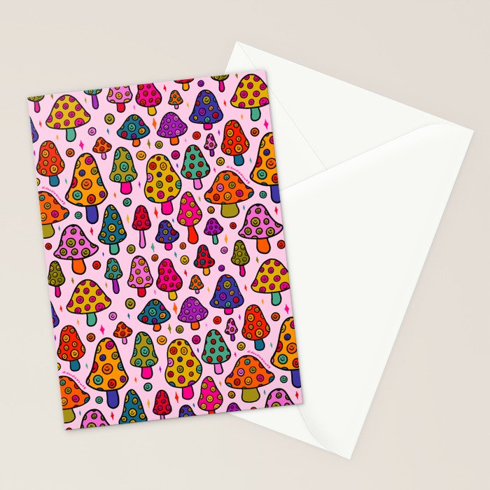 Smiley Mushrooms Print in Pink Stationery Card Gallery Image 2