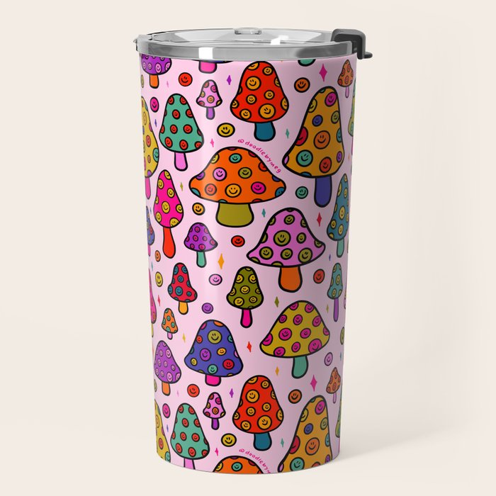 Smiley Mushrooms Print in Pink Travel Mug Gallery Image 2