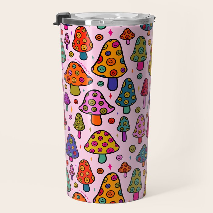 Smiley Mushrooms Print in Pink Travel Mug Gallery Image 3