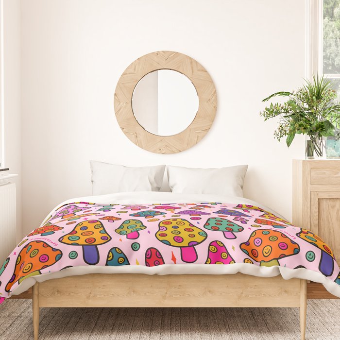 Smiley Mushrooms Print in Pink Duvet Cover Gallery Image 3