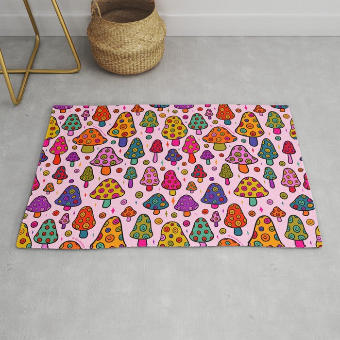 Smiley Mushrooms Print in Pink Rug Gallery Image 1