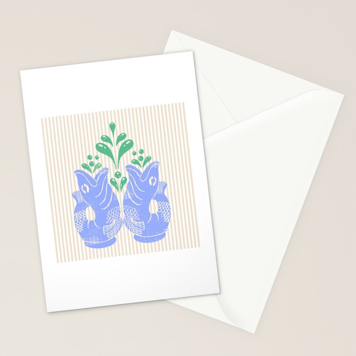 Retro Gurgle Fish Vases On Stripes - Blue And Teal Stationery Card Gallery Image 2