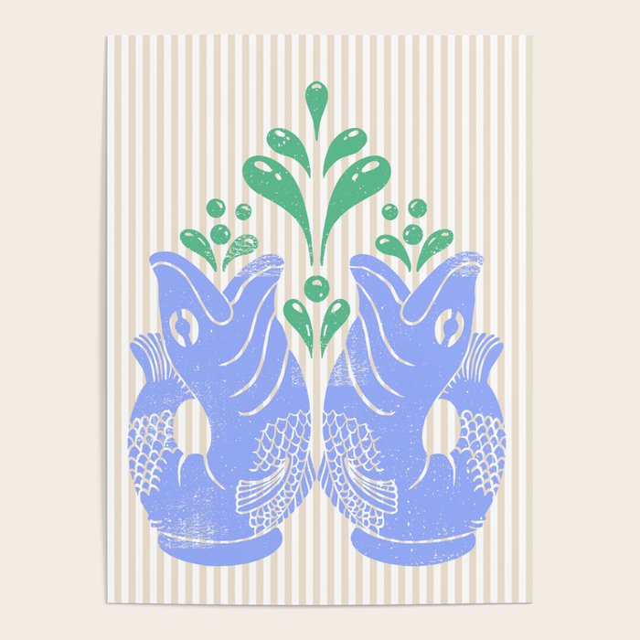 Retro Gurgle Fish Vases On Stripes - Blue And Teal Poster Gallery Image 4