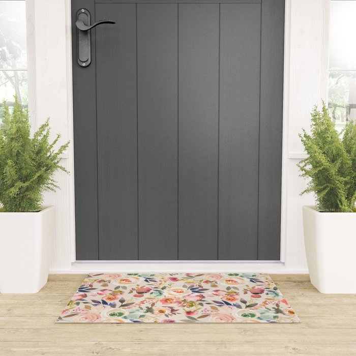 Hand painted ivory pink brown watercolor country floral Welcome Mat Gallery Image 3