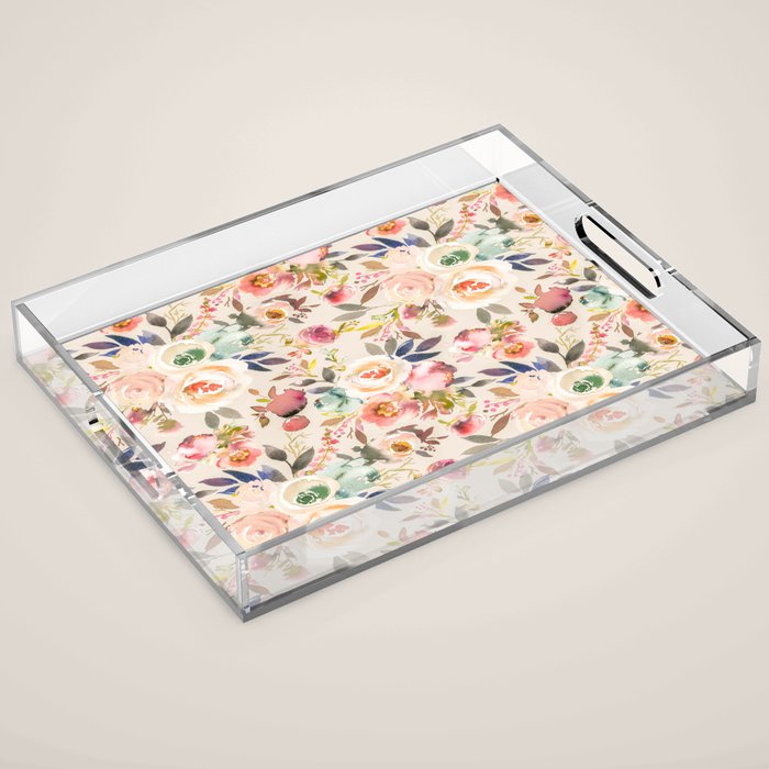 Hand painted ivory pink brown watercolor country floral Acrylic Tray Gallery Image 1
