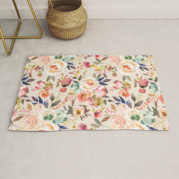 Hand painted ivory pink brown watercolor country floral Rug Gallery Image 1