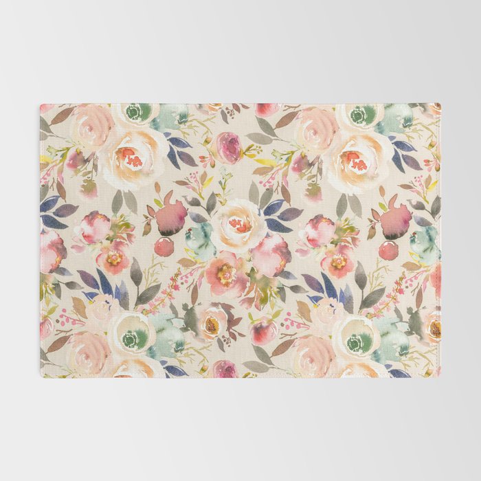 Hand painted ivory pink brown watercolor country floral Rug Gallery Image 2