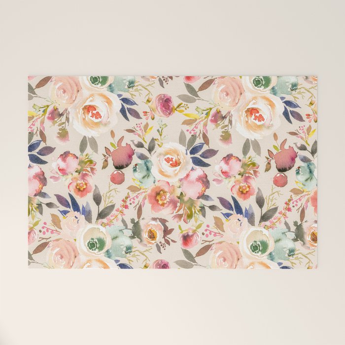 Hand painted ivory pink brown watercolor country floral Welcome Mat Gallery Image 1