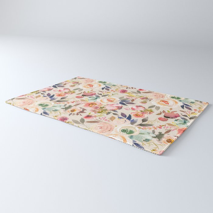 Hand painted ivory pink brown watercolor country floral Rug Gallery Image 3