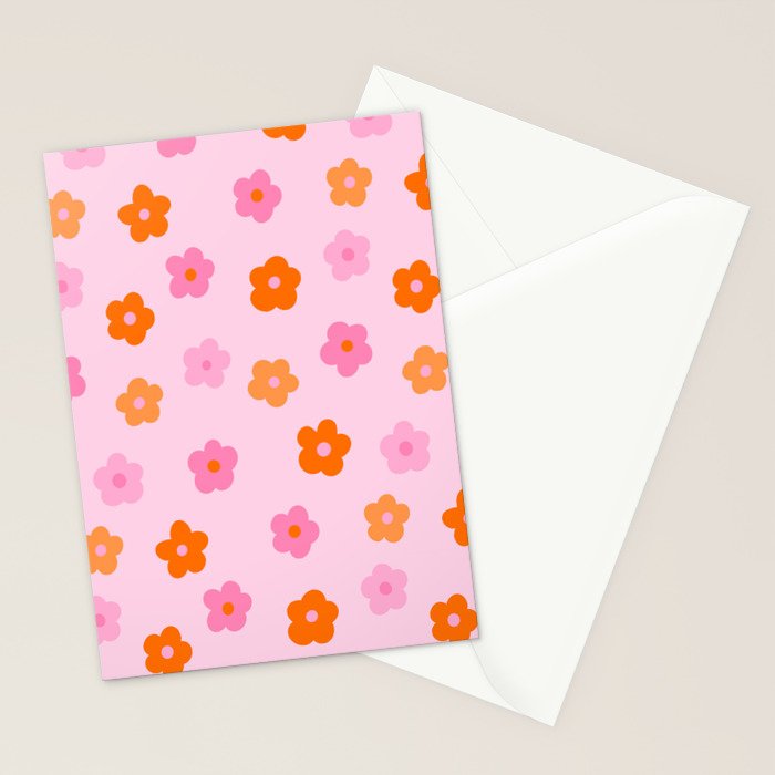 Pink and Orange Groovy Flowers Pattern Stationery Card Gallery Image 2