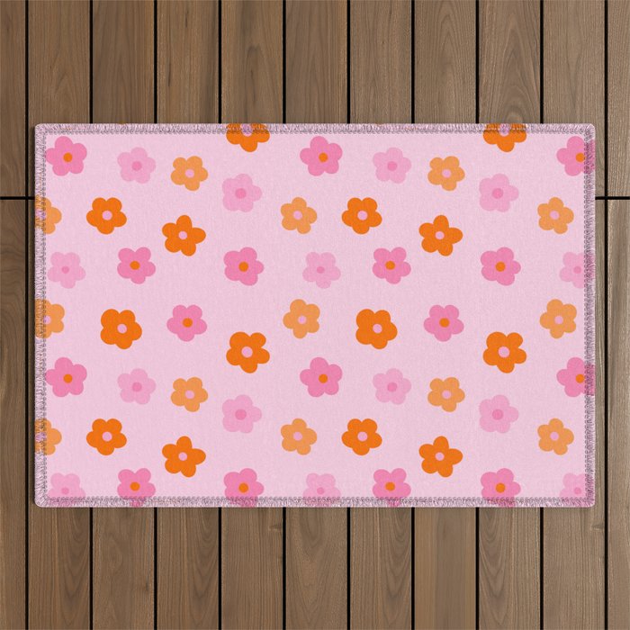Pink and Orange Groovy Flowers Pattern Outdoor Rug Gallery Image 1