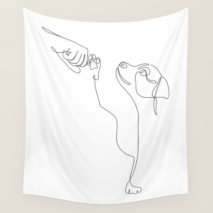 Dog and Owner Fist Bump Line Drawing Wall Tapestry Gallery Image 1