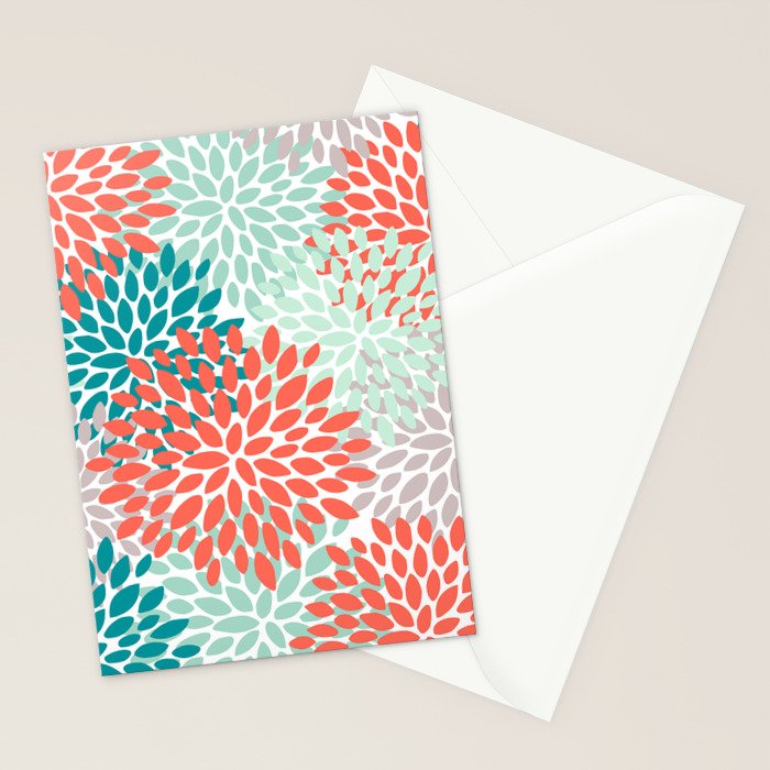 Floral Pattern, Orange, Teal, Mint Green, Flower Print Stationery Card Gallery Image 2