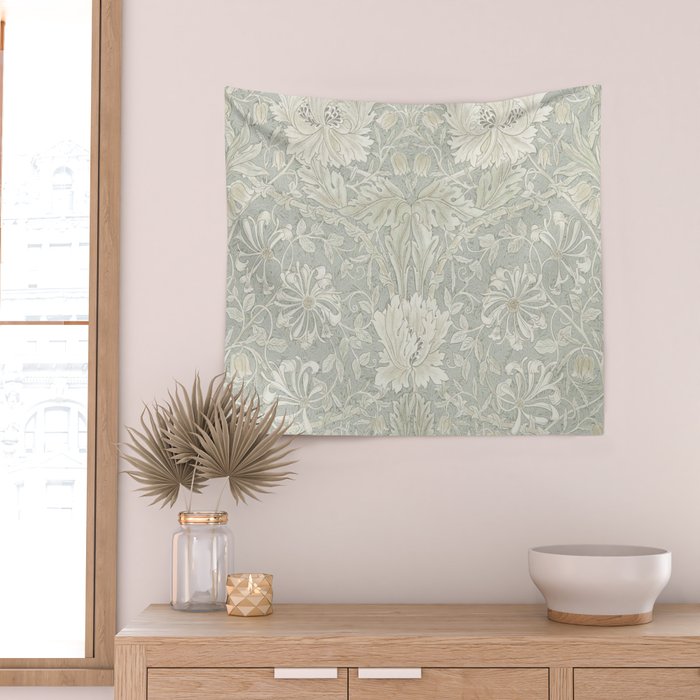 William Morris Honeysuckle & Tulip Pale Grey Blue Floral Wall Tapestry Gallery Image 2