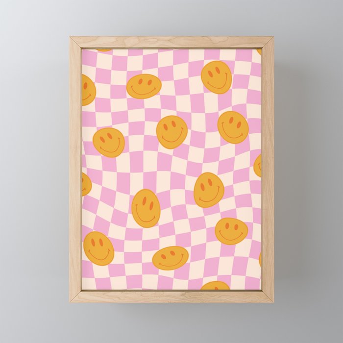 Groovy Smiley Faces on Pastel Pink Twisted Checkerboard Mini Art Print Gallery Image 1