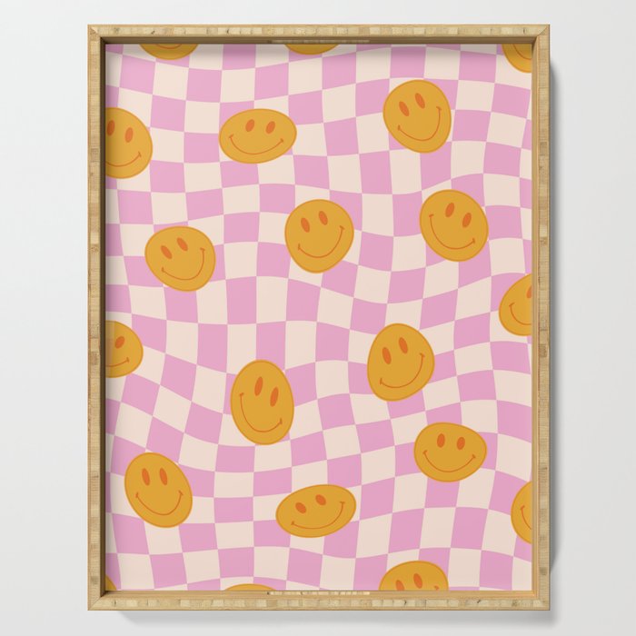 Groovy Smiley Faces on Pastel Pink Twisted Checkerboard Serving Tray Gallery Image 1