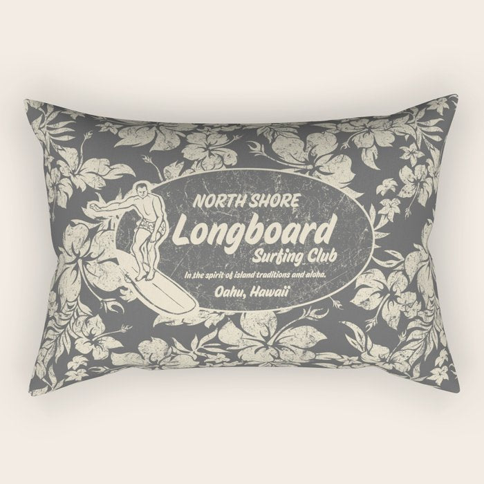 Club Surfing Longboard Logo and Hibiscus Hawaiian Print  Rectangular Pillow Gallery Image 2